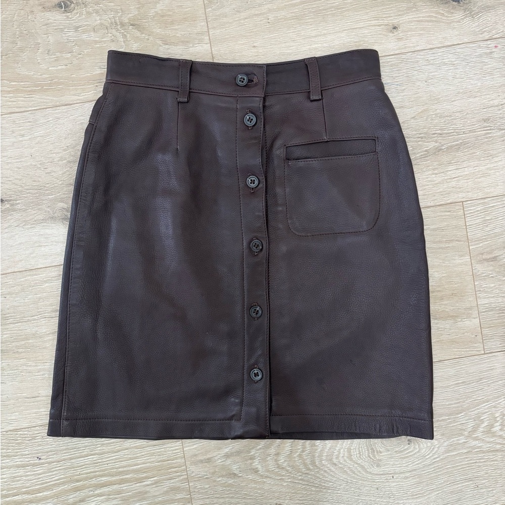 Vintage Anne Klein Dark Brown Genuine Leather Button Front Skirt
